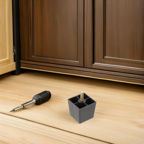 Set Of 6 Metal Furniture Legs With M8 Threaded Leveling Feet Dark Contemporary Square And Tapered Design Sturdy Wobble Free And Wear Resistant Upgrades Sofas Chairs Dressers Cabinets Keeps Your Home Looking Sharp black metal leg and leveling foot beside a wooden cabinet