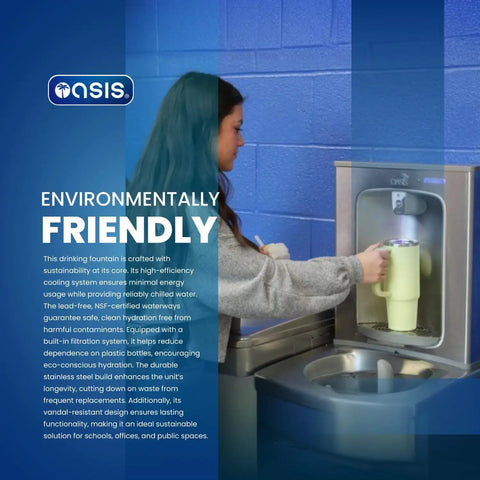 Person using Wall Mount Drinking Fountain With Bottle Filling Station, Cold Stainless Steel Water Cooler, ADA Compliant