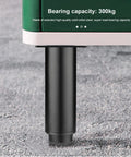 Close-up of Beefy Adjustable Round Metal Furniture Leg 8 cm Black attached to furniture, texture visible, supports up to 300 kg.