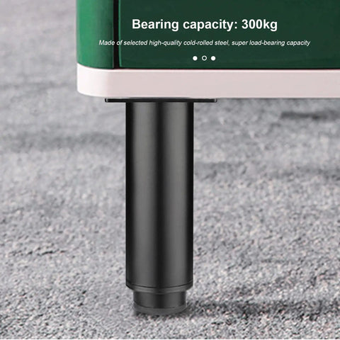 Close-up of Beefy Adjustable Round Metal Furniture Leg 8 cm Black attached to furniture, texture visible, supports up to 300 kg.
