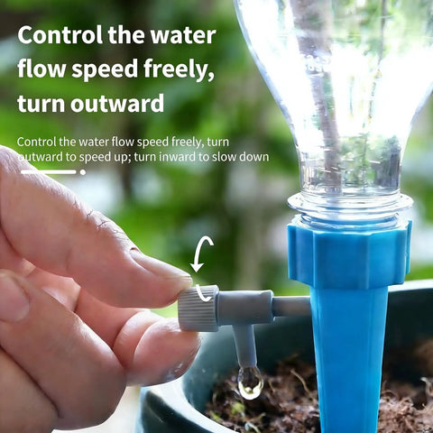 Adjusting flow on self watering plant spike kit for indoor plants with automatic watering system and adjustable flow slow release drip valve