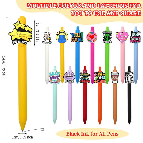 60 Piece Funny Pens Set For Adults With Positive Quotes And Quirky Graphics Like Cute Animals, Rainbows, Aliens, Retro Designs