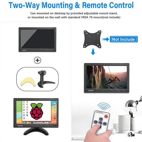 7 Inch Mini Monitor With 1024x600 IPS Display, showing mounting options and remote control setup