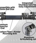 Rock Solid Locking Adjustable Mounting Arm Engineered From Durable Carbon Fiber Kevlar with integrated thumbscrews and aluminum joint.