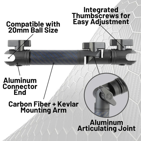 Rock Solid Locking Adjustable Mounting Arm Engineered From Durable Carbon Fiber Kevlar with integrated thumbscrews and aluminum joint.