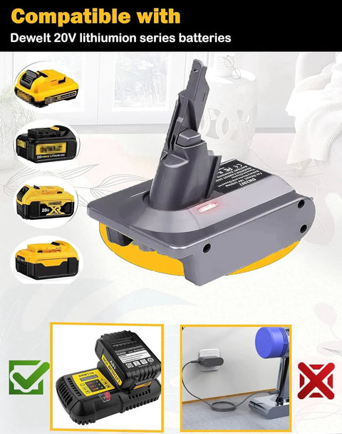 TPDL 20V DeWalt To V7 Battery Adapter Converter for V7 Series Cordless Vacuums on white background with DeWalt battery images