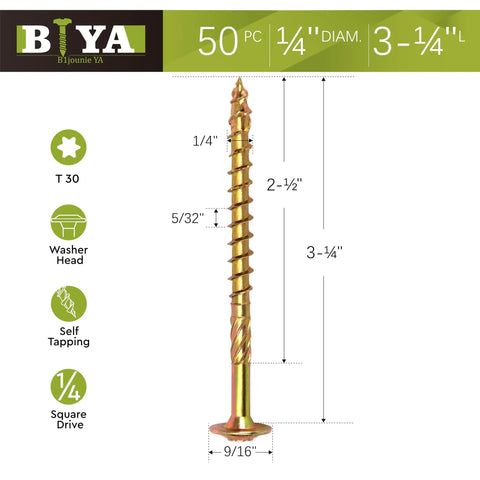 Built Legit Quarter Inch By Three Quarter Structural Lag Screws Fifty Pack With Torx Star Drive, 3.25 inch length, washer head, self-tapping.