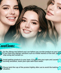 Three women smiling with caution instructions for Bond And Seal 2 In 1 Lash Glue For Cluster Lashes Long Lasting Up To 72 Hours.