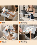 Adjustable Bedside Laptop Desk with height and angle adjustments used on bed, countertop, couch, and for reading.