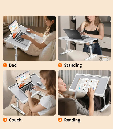Adjustable Bedside Laptop Desk with height and angle adjustments used on bed, countertop, couch, and for reading.