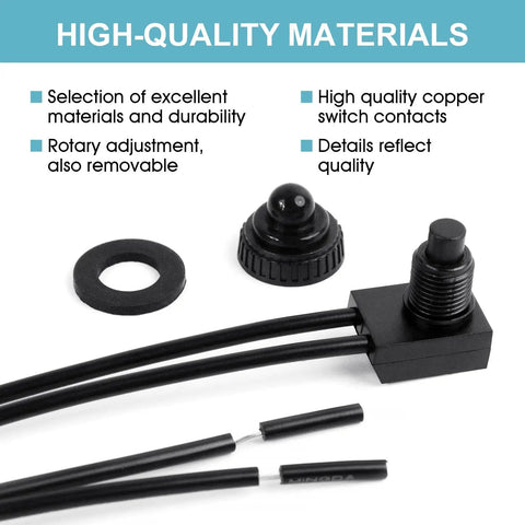 Five Pack 12V Waterproof Push Button Switches SPST With Four and a Half Inch Leads, black switch with leads and cap