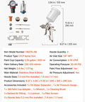 Heavy Duty Lvlp Air Spray Gun Featuring Gravity Feed Cup And Quick Swap Nozzles For A Hella Smooth Automotive And Wood Finish Includes Built In Pressure Regulator For No Fuss Shop Work shown with accessories and dimensions.
