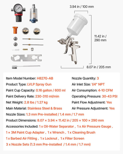 Heavy Duty Lvlp Air Spray Gun Featuring Gravity Feed Cup And Quick Swap Nozzles For A Hella Smooth Automotive And Wood Finish Includes Built In Pressure Regulator For No Fuss Shop Work shown with accessories and dimensions.