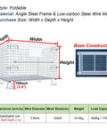 Heavy Duty Folding Wire Mesh Storage Basket, Stackable Collapsible Metal Crate For Garage Shop And Warehouse, shown with dimensions and base details.