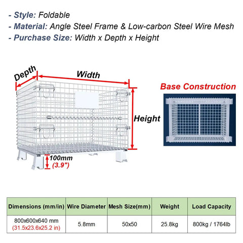 Heavy Duty Folding Wire Mesh Storage Basket, Stackable Collapsible Metal Crate For Garage Shop And Warehouse, shown with dimensions and base details.