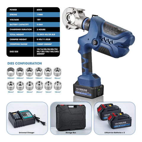 Heavy Duty Electric Hydraulic Crimping Tool For Copper Aluminum Wires Rechargeable Lithium Battery Cable Lug Crimper with two batteries