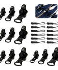 Universal Zipper Repair Kit With Three Size Sets And Double Sided Zippers Replacement Kit for jackets, backpacks, coats, tents, luggage, and bags, includes four zipper pulls per size and rope coverage for easy DIY fixes.