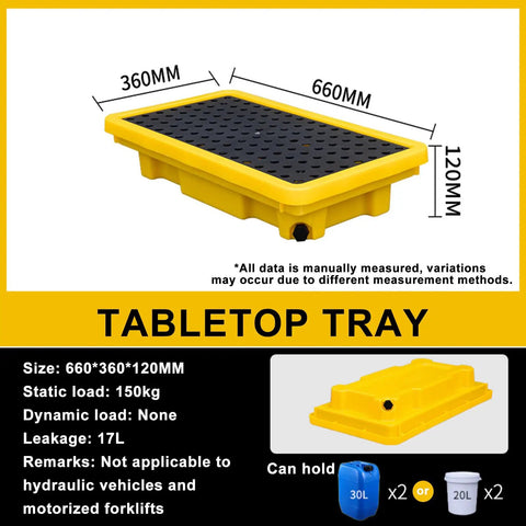 Front view of Rugged Heavy Duty Modular Oil Spill Containment Tray With Drain Outlet For Paint Buckets And Tools, 66x36x12 cm