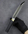 Tactical Wakizashi Full Tang Fixed Blade Knife, 14-Inch DLC Coated Sleipner Steel, G10 Handle with Brass Guard shown on gray surface