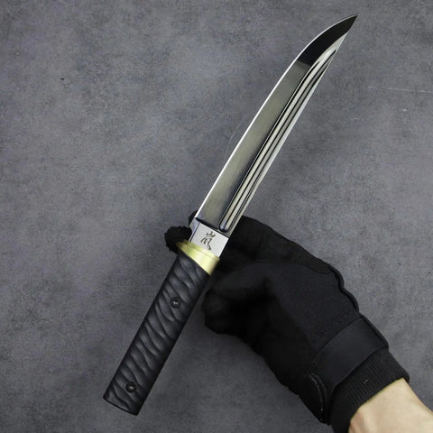 Tactical Wakizashi Full Tang Fixed Blade Knife, 14-Inch DLC Coated Sleipner Steel, G10 Handle with Brass Guard shown on gray surface