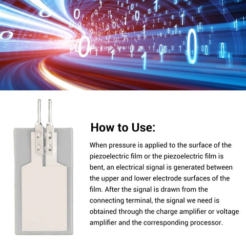 Ultra Sensitive Piezoelectric Film Sensor For Flexible Polymer Film shown with instruction text on signal generation process