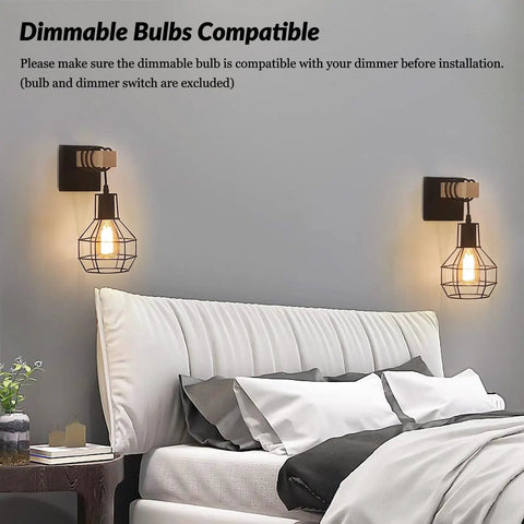 Bedroom with Dope Industrial Rustic Wall Sconces Set Of 2 with hex cage shade and wood arm, dimmable bulb compatible.