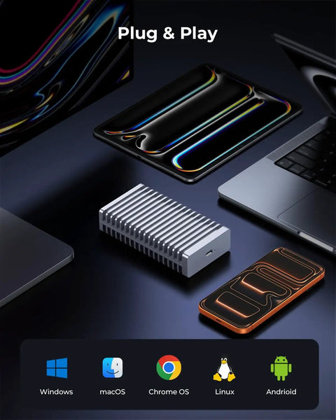 Zero Bottleneck M2 Nvme Enclosure With Slick Aluminum Double Sided Heatsink For Blazing 40Gbps Speeds on desk with multiple devices.