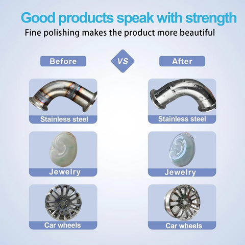Before and after polishing of stainless steel, jewelry, and car wheels using Six Drill Buffing Wheel Kit With Three Polishing Compounds.