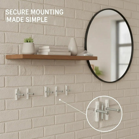 DIY Friendly Hollow Wall Mount Kit For Shelves And Mirrors With Drywall Anchors And Screws, PP Plastic Expansion Plugs And Steel Screws, No Studs Needed, Perfect For Towel Bars, Framed Art, And Light Fixtures. Wall shelf with mirror and mounting anchors
