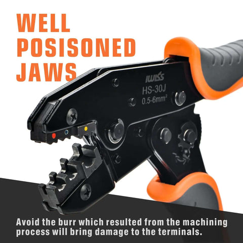 Close-up of Pro Grade Ratchet Wire Crimping Tool Set With 5 Interchangeable Jaws for precision crimping, highlighted text "Well Positioned Jaws".