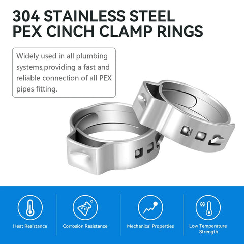 100 Pack Half Inch PEX Cinch Clamp Rings Heavy Duty 304 Stainless Steel PEX Crimp Rings with text and icons