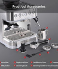 Game Changer Espresso Maker With Adjustable Built In Grinder And Auto Milk Frother For Rich Full Body Shots And Smooth Pre Infusion Brewing Daily At Home with accessories laid out.