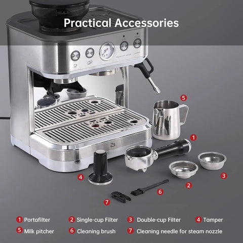 Game Changer Espresso Maker With Adjustable Built In Grinder And Auto Milk Frother For Rich Full Body Shots And Smooth Pre Infusion Brewing Daily At Home with accessories laid out.