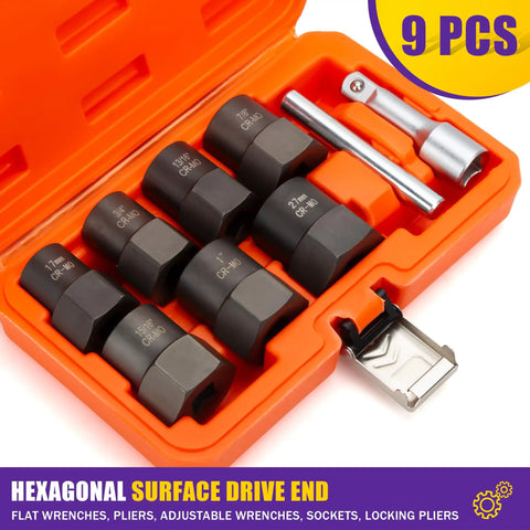 Nine Piece Pro Grade Heavy Duty Bolt Extractor Kit With Half Inch Drive Impact Lug Nut Remover Tools 17 To 27mm in orange case