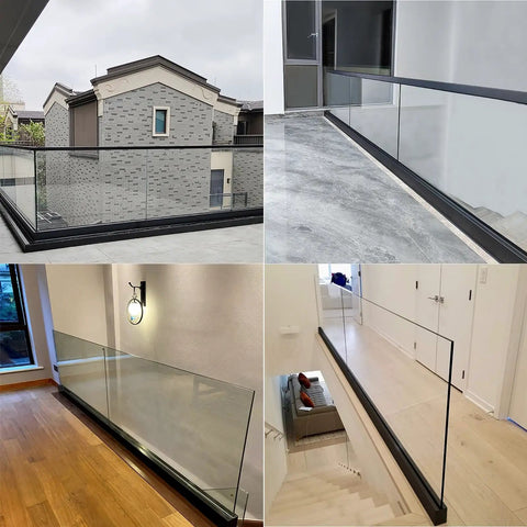 Heavy Duty Glass Railing System For Deck And Balcony Featuring Rock Solid Spigot Clamps With Flexible Floor Or Side Mount Hardware And Premium Aluminum Posts In Matte Black Covers For Quick Pool And Yard Fence Projects, shown on various decks and stairs.