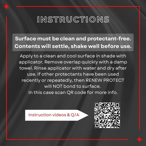 Instructions for Turn Heads Rich Black Tire Shine And Trim Restorer With Ceramic Hybrid Shield, QR code included.