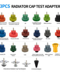 23 radiator cap test adapters in various colors for Grease Monkey Approved 30 Piece Coolant Pressure Testing Kit with Radiator Cap Adapters.