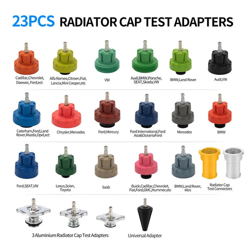 23 radiator cap test adapters in various colors for Grease Monkey Approved 30 Piece Coolant Pressure Testing Kit with Radiator Cap Adapters.