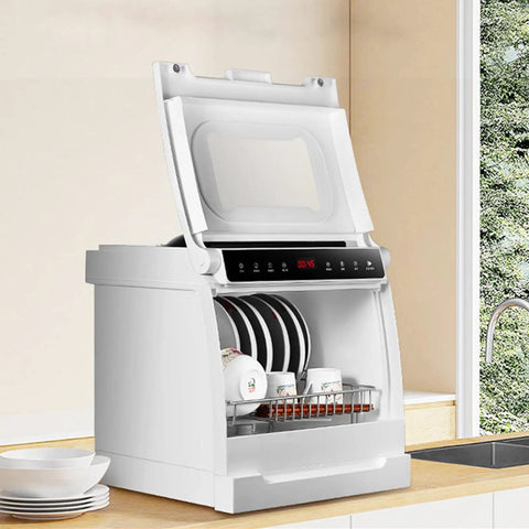 Fully Automatic Compact Desktop Dishwasher For Six Person Households on a kitchen countertop with clean plates and cups.