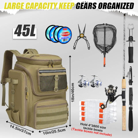 Fishing Backpack 45L With Rod Holders, Water Resistant Tackle Storage Pack For Fishermen, shown with tackle box and gear