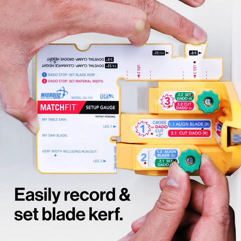 Close-up of FitFinder One Half Gauge And Matchfit Dado Stop Pro Kit for Woodworking setup with hands adjusting settings.