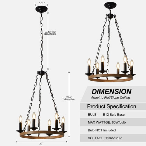 Farmhouse Wagon Wheel Chandelier With 6 Lights Industrial Round Candelabra Pendant Light Fixture 20 Inch Rustic Wood Grain