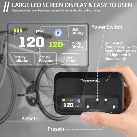 On The Go Compact Mini Bike Pump With 120 PSI Max For Fast Inflation Auto Stop Portable USB C Rechargeable Electric Bike Pump Presta And Schrader Valves For Bicycles And E Bikes Ride Ready
