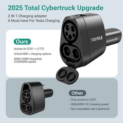 Badass CCS1 And J1772 To Tesla Charging Adapter For Model 3 Y S X Cybertruck 250Kw Superfast Level 1 2 3 Station angled view showing dual plug ports.