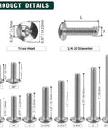 Top Shelf Heavy Duty Truss Head Machine Screws, Phillips Drive, 1/4-20 By 3/4 Inch, 18-8 Stainless Steel 304, Rust Free Bright Finish, detail showing various screw sizes.