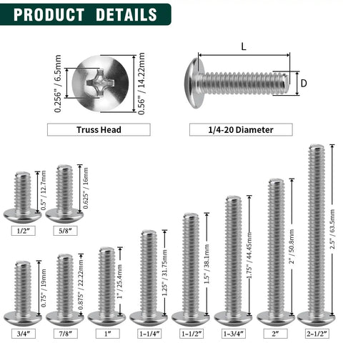 Top Shelf Heavy Duty Truss Head Machine Screws, Phillips Drive, 1/4-20 By 3/4 Inch, 18-8 Stainless Steel 304, Rust Free Bright Finish, detail showing various screw sizes.