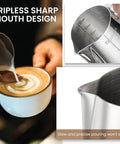 Barista Grade 12oz 350ml Milk Frother Cup With Scale In 304 Stainless Steel Pro Style Pour Spout For Latte Art And Cappuccino Easy Pour Milk Pitcher For Espresso Machines Includes Art Pen showing precise pouring and scale markings