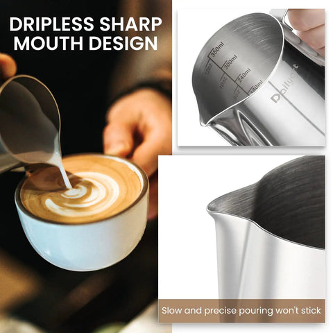 Barista Grade 12oz 350ml Milk Frother Cup With Scale In 304 Stainless Steel Pro Style Pour Spout For Latte Art And Cappuccino Easy Pour Milk Pitcher For Espresso Machines Includes Art Pen showing precise pouring and scale markings