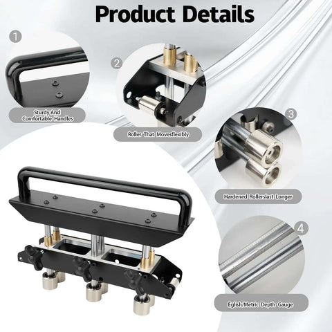 Three Station Edge Roller Bender with sturdy handles, adjustable rollers for sheet metal, showing details for metal roofing projects.