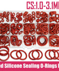Silicone O Ring Set With CS Size Assortment 1 To 1.5 To 2.0 To 2.4 To 3.1mm Sealing Washers Oil Resistant And High Heat Tolerant Versatile Gasket Kit For Plumbing Automotive Projects, red silicone O-rings in case